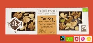 Turrón Artesano BIO FairTrade Praliné Crujiente Frutos Secos y Naranja