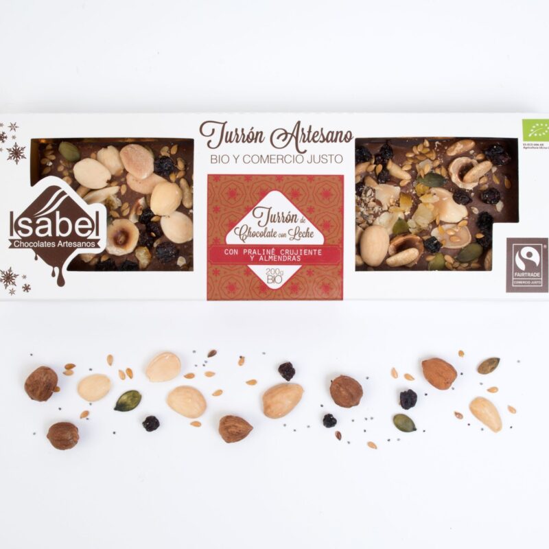 Turrón artesano de chocolate bio con praliné crujiente y frutos secos