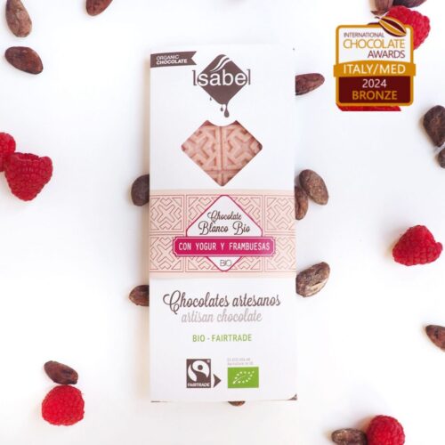 Chocolate blanco BIO con yogur y frambuesas. Premiado con el bronce en los International Chocolate Awards 2024
